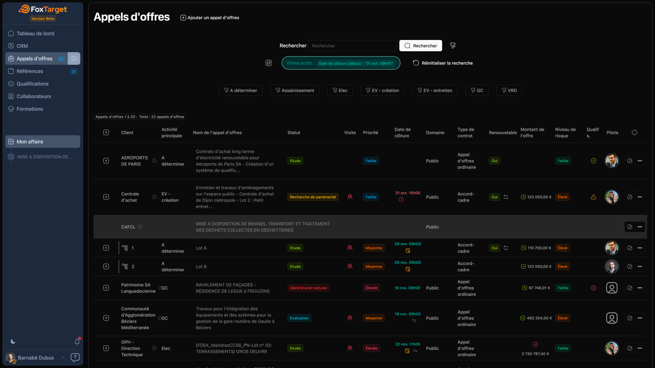 Capture d'écran du CRM FoxTarget pour la gestion des appels d'offres en mode sombre